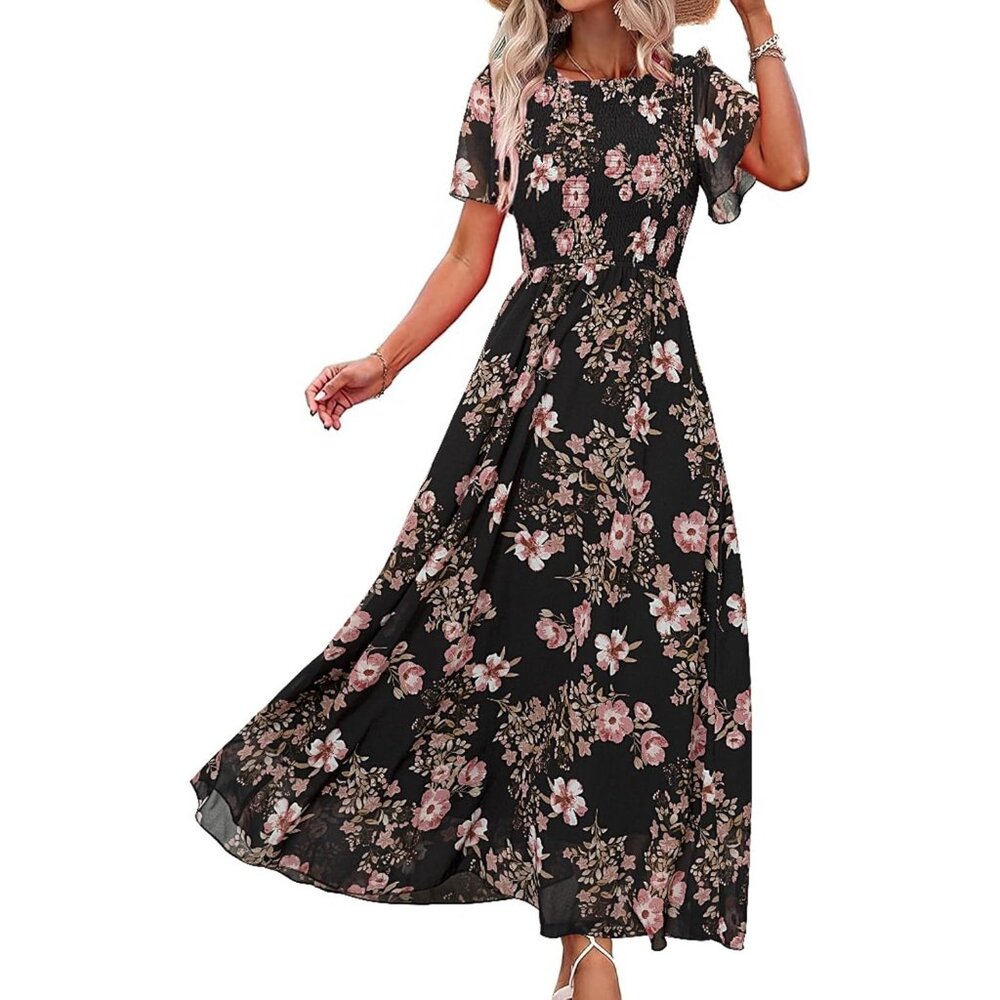 Women's  Floral Black Pink Chiffon Flowy Short Sleeve Crew Neck Summer Maxi